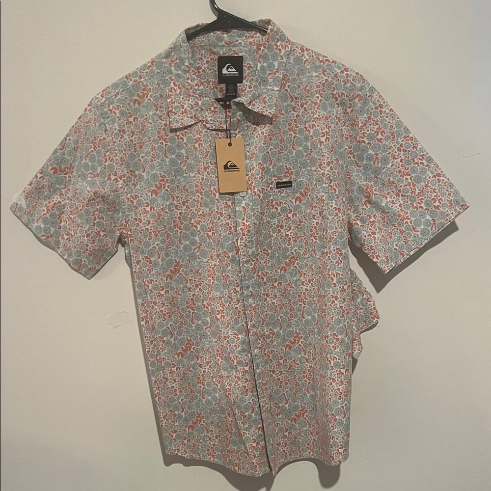 Quiksilver Men's Floral Button Down Shirt - Red and Blue